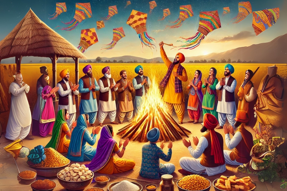 People celebrating Lohri festival around a bonfire, wearing traditional Punjabi attire, with colorful kites flying in the sky, festive foods like peanuts, sesame brittle, and jaggery sweets displayed on a table, set against a rural background with mustard fields.