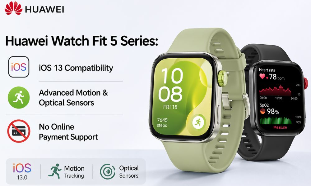 Huawei Watch Fit 5 Series: iOS 13 Compatibility, Advanced Motion & Optical Sensors, No Online Payment Support