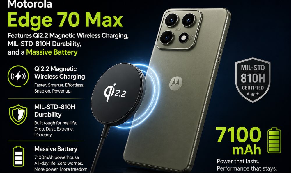 Motorola Edge 70 Max Features Qi2.2 Magnetic Wireless Charging, MIL-STD-810H Durability, and a Massive Battery
