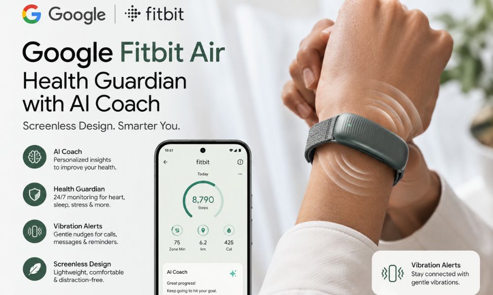 Google Fitbit Air Health Guardian with AI Coach, Screenless Design, and Vibration Alerts