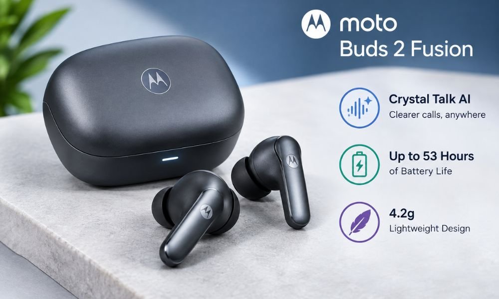 Moto Buds 2 Fusion Crystal Talk AI, Up to 53 Hours of Battery Life and 4.2g Weight